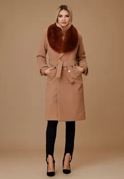 Palton gros dama bej/acaju cu guler detasabil imagine