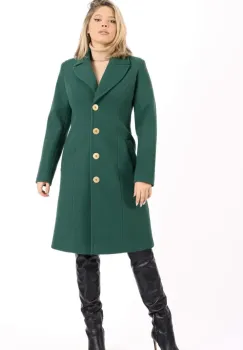 Palton verde cambrat cu nasturi metalici si buzunare laterale imagine