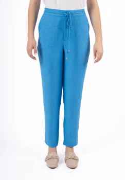 Pantaloni casual bleu din vascoza cu buzunare laterale si snur reglabil imagine