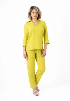 Pantaloni casual din vascoza cu buzunare laterale si elastic la talie imagine