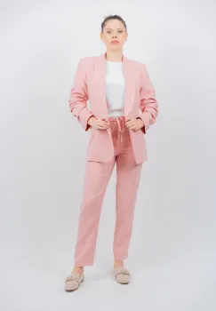 Pantaloni dama casual roz prafuit prevazuti cu elastic si snur la talie imagine