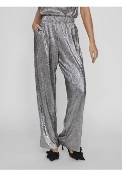 Pantaloni eleganti argintii cu croiala lejera plisati imagine