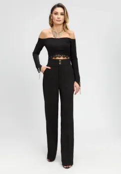 Pantaloni evazati negri cu talie inalta si buzunare imagine