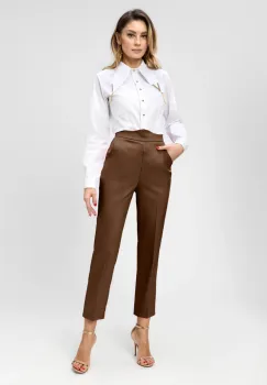 Pantaloni maro cu talie inalta si buzunare laterale imagine