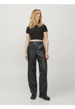 Pantaloni negri din piele eco cu croiala lejera imagine