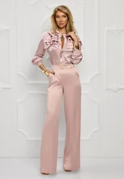 Pantaloni roz din tafta cu talie inalta elastica si centura detasabila imagine