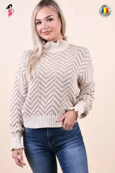 Pulover bej cu unt din bumbac cu model la guler si maneci imagine