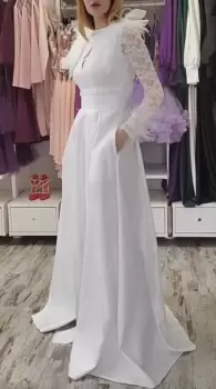 Rochie de ocazie alba din tafta accesorizata cu pene si maneci din dantela imagine