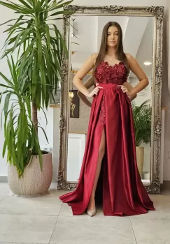 Rochie de ocazie din tafta grena cu flori 3D in partea superioara imagine