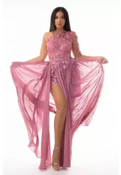 Rochie de ocazie lunga din voal roz cu broderie 3D aplicata manual imagine