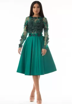 Rochie de ocazie verde din tafta cu partea superioara din broderie cu flori 3D imagine