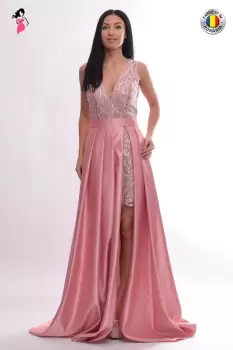 Rochie de seara lunga din tafta roz prafuit cu broderie si slit pe picior imagine