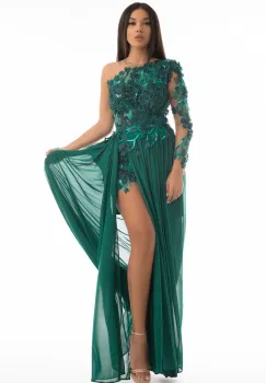 Rochie de seara lunga verde din voal cu aplicatie de flori 3D imagine