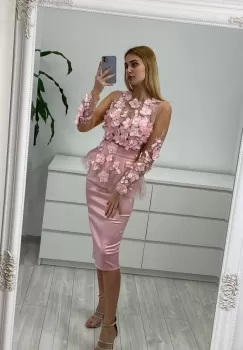 Rochie din tafta conica prevazuta cu basc si broderie flori 3D imagine