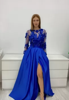 Rochie din tafta de culoare albastra cu broderie florala 3D imagine