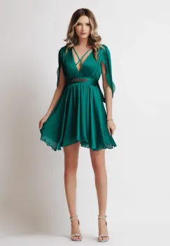 Rochie din voal verde accesorizata cu pietre stras la talie imagine