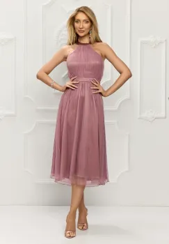 Rochie eeleganta roz prafuit din voal plisat si prindere dupa gat imagine