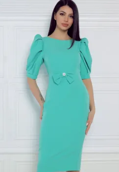 Rochie elegaanta aqua cu funda la talie si maneca scurta bufanta imagine