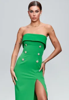 Rochie elegant verde midi cu volan la bust si slit pe picior imagine