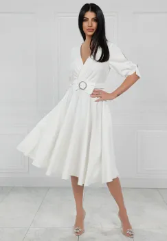 Rochie eleganta alba cu croiala in clos si detaliu la talie imagine