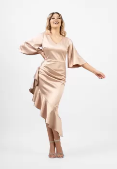 Rochie eleganta asimetrica bej cu volane si maneca lejera imagine