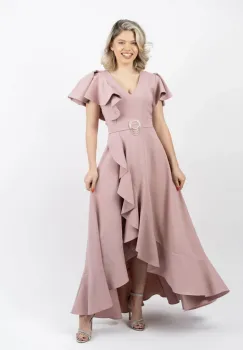 Rochie eleganta asimetrica roz pudra cu maneca scurta imagine