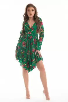 Rochie eleganta asimetrica verde cu imprimeu floral colorat imagine