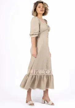 Rochie eleganta bej vaporoasa cu lungime midi imagine