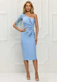 Rochie eleganta conica cu slit pe picior si broderie cu franjuri imagine