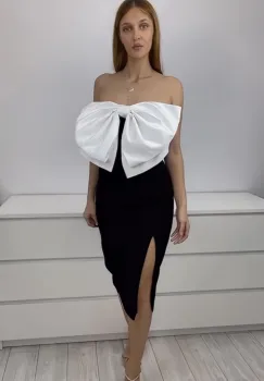 Rochie eleganta conica midi cu slit pe picior si funda mxi imagine