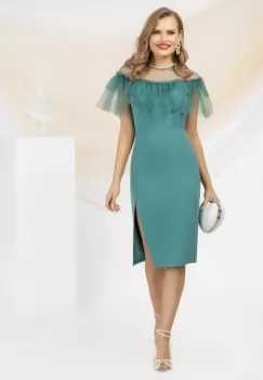 Rochie eleganta conica vernil cu perle si volane din tull in partea superioara imagine