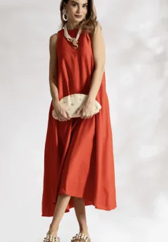 Rochie eleganta corai din vascoza cu buzunate laterale si croi in A imagine