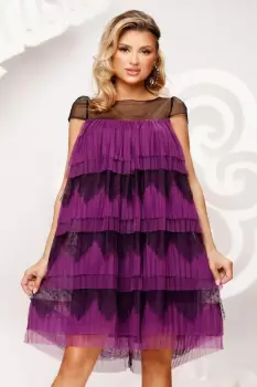 Rochie eleganta cu croiala in A formata din randuri de volane din tull mov imagine