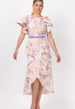 Rochie eleganta cu imprimeu floral asimetrica prevazuta cu volane si centura impletita imagine