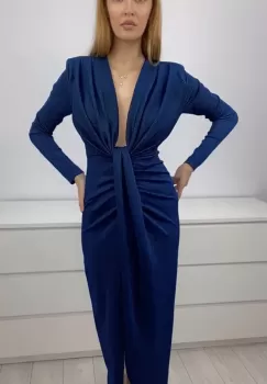 Rochie eleganta de culoare albastra cu sli pe picior imagine