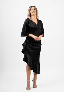 Rochie eleganta de ocazie din tafta cu lungimea midi asimetrica si volane in lateral imagine