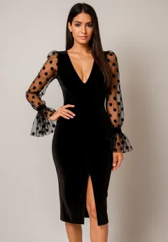 Rochie eleganta din catifea cu croiala conica slit pe picior si maneci din tull cu buline imagine