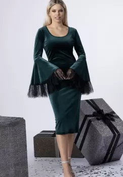 Rochie eleganta din catifea verde cu maneca clopot si terminatia din dantela Chantilly imagine