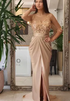 Rochie eleganta din tafta bej cu broderie pretioasa si perle in partea superioara imagine