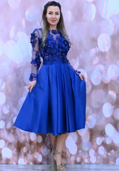 Rochie eleganta din tafta de culoare albastra cu fusta ampla in clos si partea superioara cu broderie florala 3D imagine