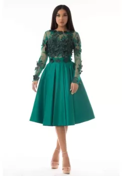 Rochie eleganta din tafta de culoare verde cu broderie florala 3D in partea superioara imagine