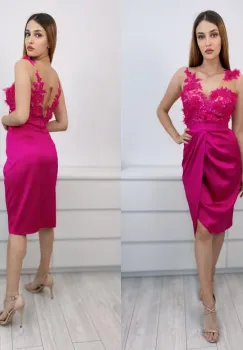 Rochie eleganta din tafta fucsia cu broderie pretioasa 3D si perle in partea superioara imagine