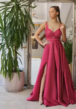 Rochie eleganta din tafta fucsia cu broderie si perle in partea superioara imagine