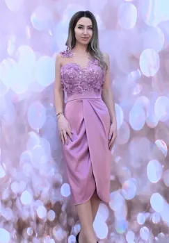 Rochie eleganta din tafta roz plamaniu cu pense in zona taliei imagine