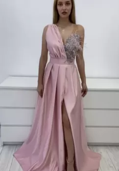 Rochie eleganta din tafta roz prafuit cu broderie si pene imagine