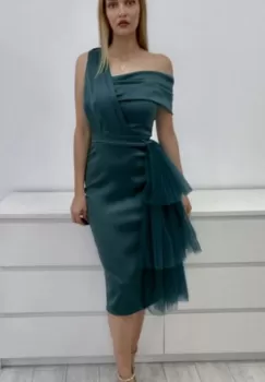 Rochie eleganta din tafta verde cu volane din tull suprapuse in lateral imagine