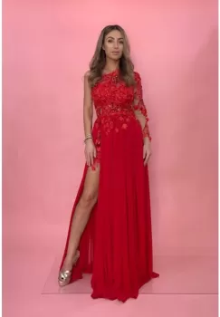 Rochie eleganta din voal de culoare rosie cu broderie florala 3D aplicata manual imagine