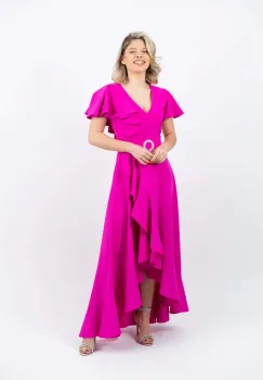 Rochie eleganta fucsia asimetrica cu volane si cordon detasabil imagine