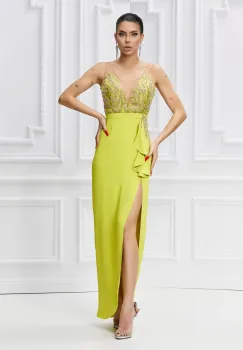 Rochie eleganta galbena cu croi mulat si slit pe picior imagine