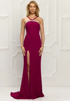 Rochie eleganta lunga cu slit pe picior si pietre la bust imagine